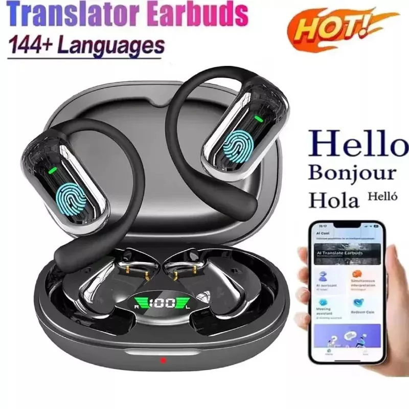 BT 5.3 AI Translation Earbuds with Ear Hook Translator Headphones Open Ear Headphones for Running Fitness Learning Accessories
