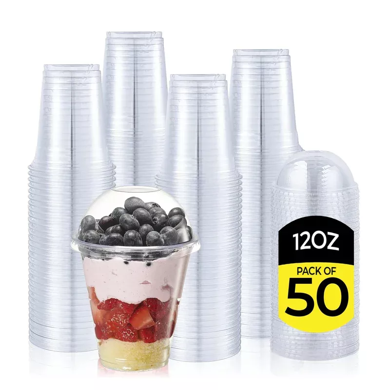 Zuvo Plastic Smoothie Cups with Dome Lids – 12 OZ (Pack of 50) – Strong Clear Plastic Cups for Milkshakes, Smoothies, Iced Coffee, Slusly and Bubble